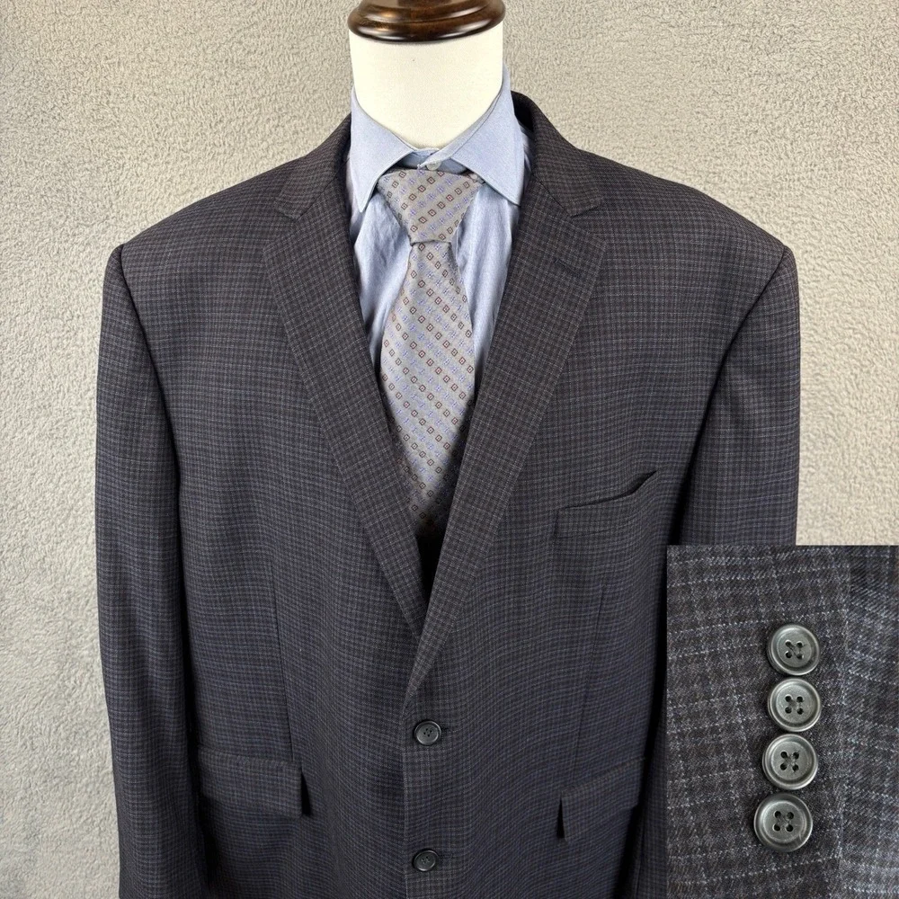 Pronto Uomo Blazer Mens 54R Navy‎ Plaid Check 100% Wool Sport Coat Jacket